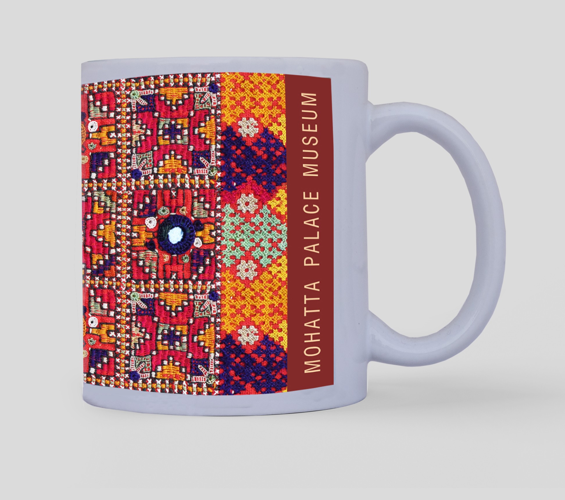 Mug with detail of an embroidery from a camel saddle cover,  Mahari community, Mirpur Mathelo, Sukkur
